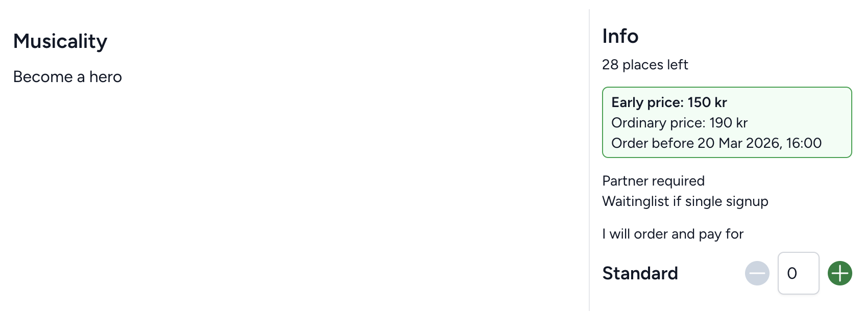 Hendelsesside med produkter og påmeldingsknapp